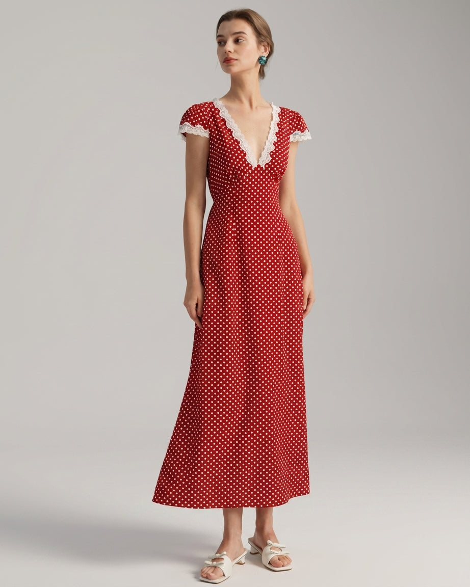 Mira Sante | Red V Neck Polka Dot Maxi Dress