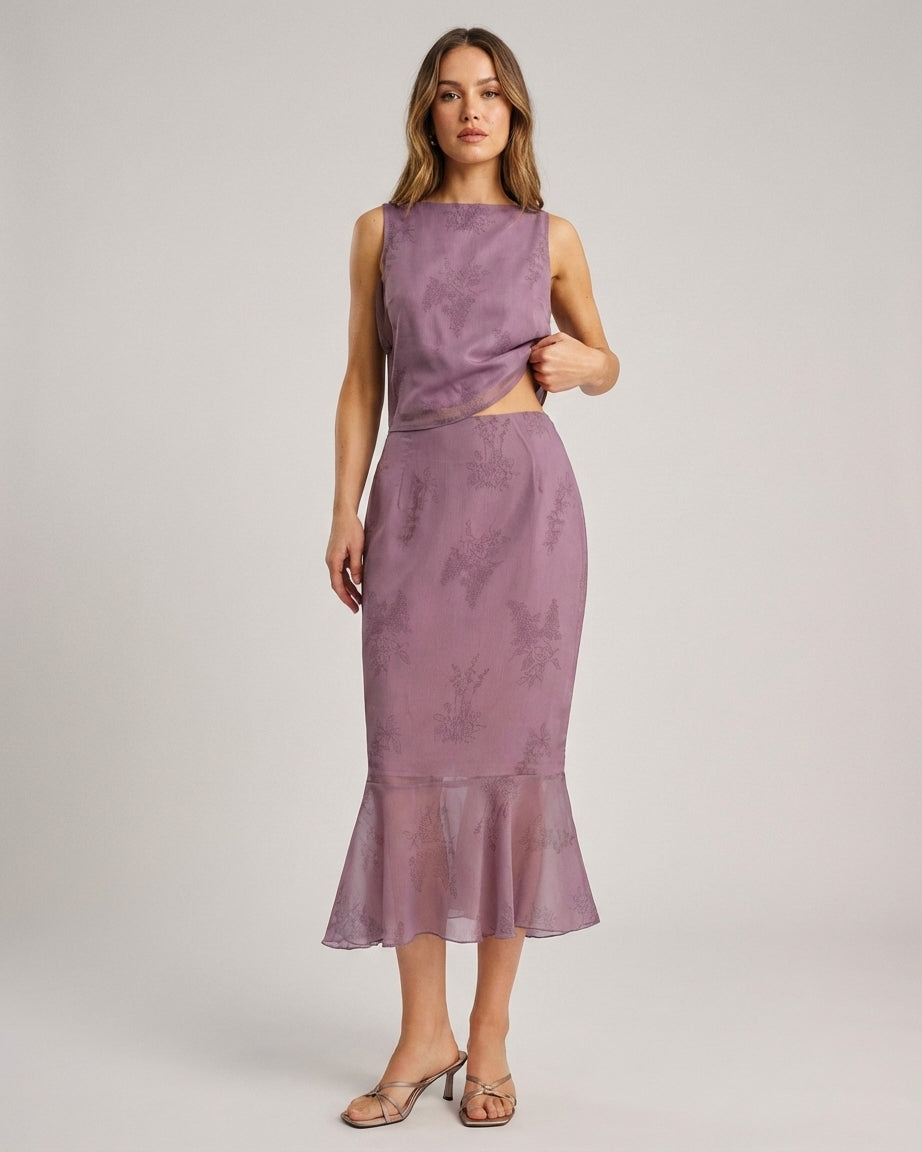 Mira Sante | Purple Floral Midi Mermaid Skirt