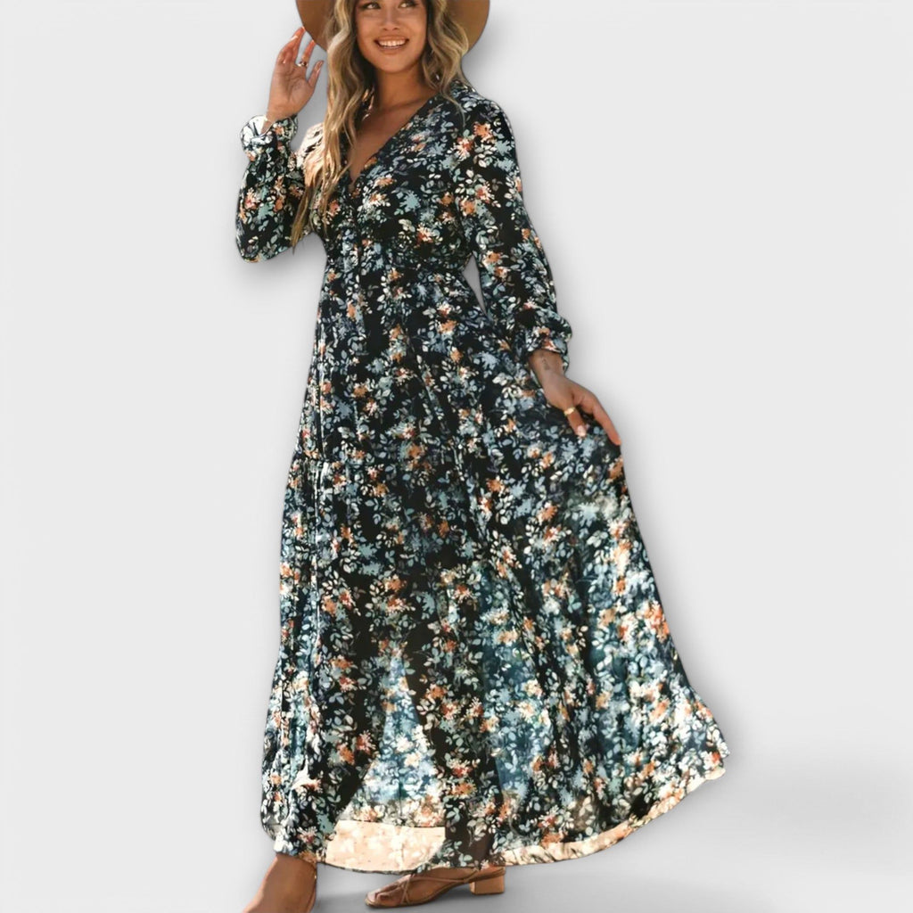 Mira Sante | Pleated Long-Sleeve Floral Maxi Dress