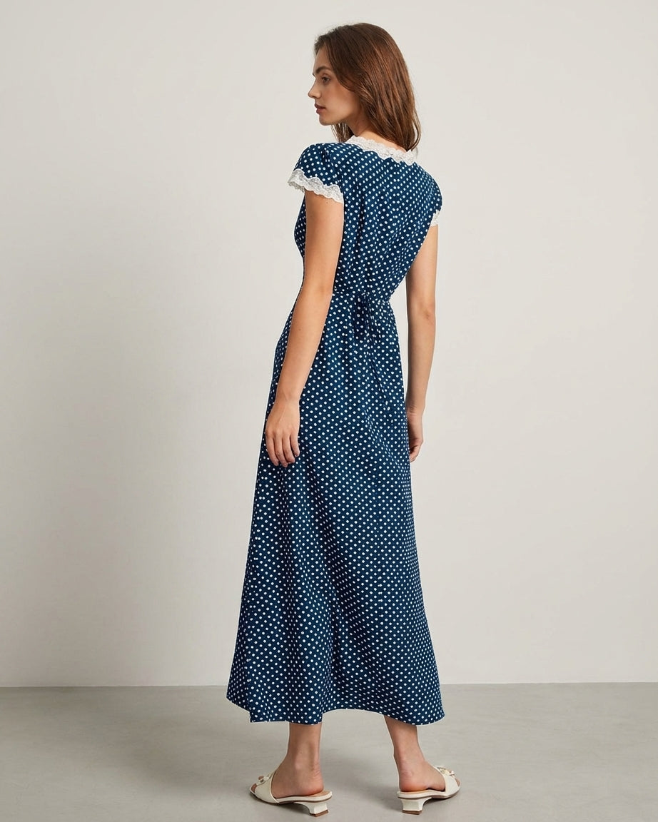 Mira Sante | Navy V Neck Polka Dot Maxi Dress