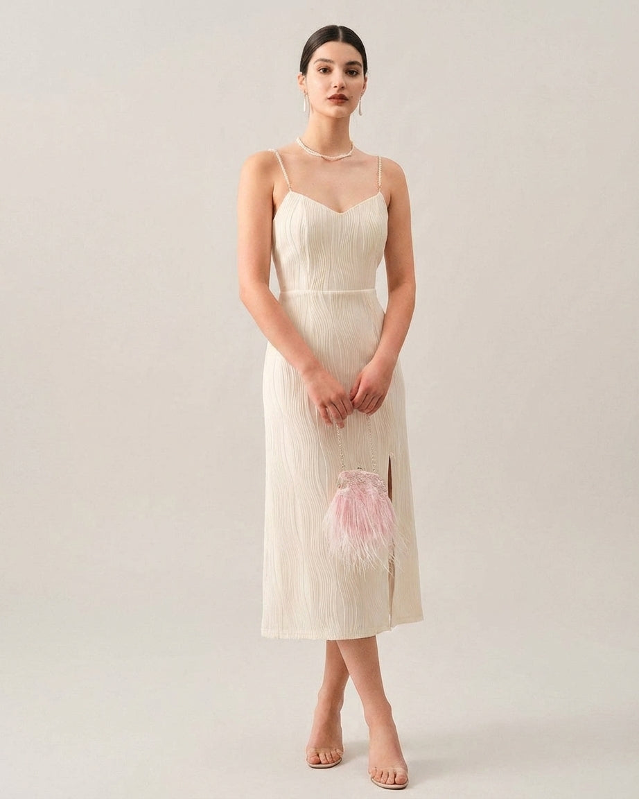 Mira Sante | Wave Textured Pearl Strap Midi Dress