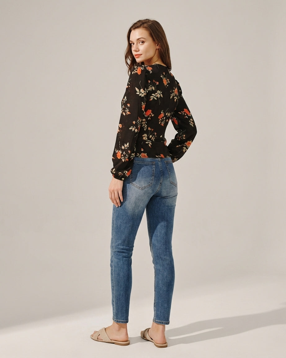 Vivienne Cord | Black Floral V Neck Blouse
