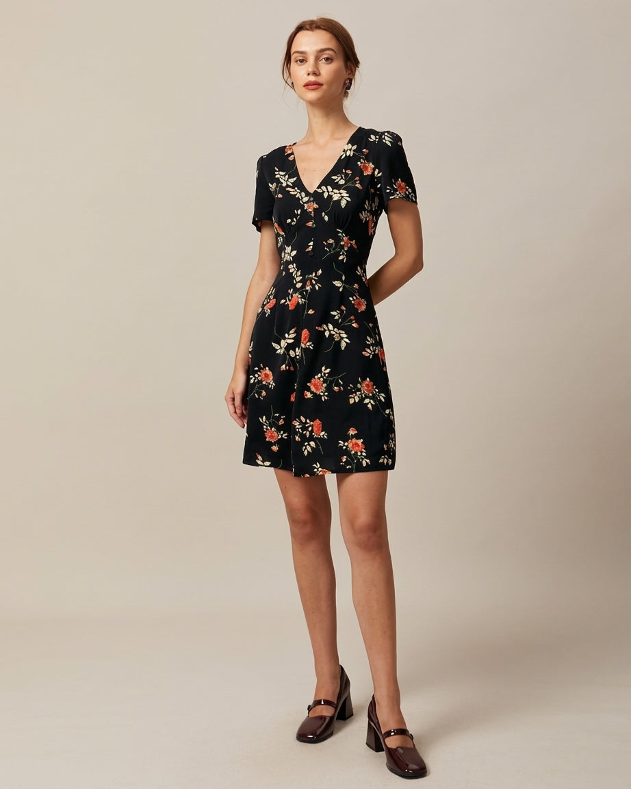 Mira Sante | Black Floral Button Up Mini Dress