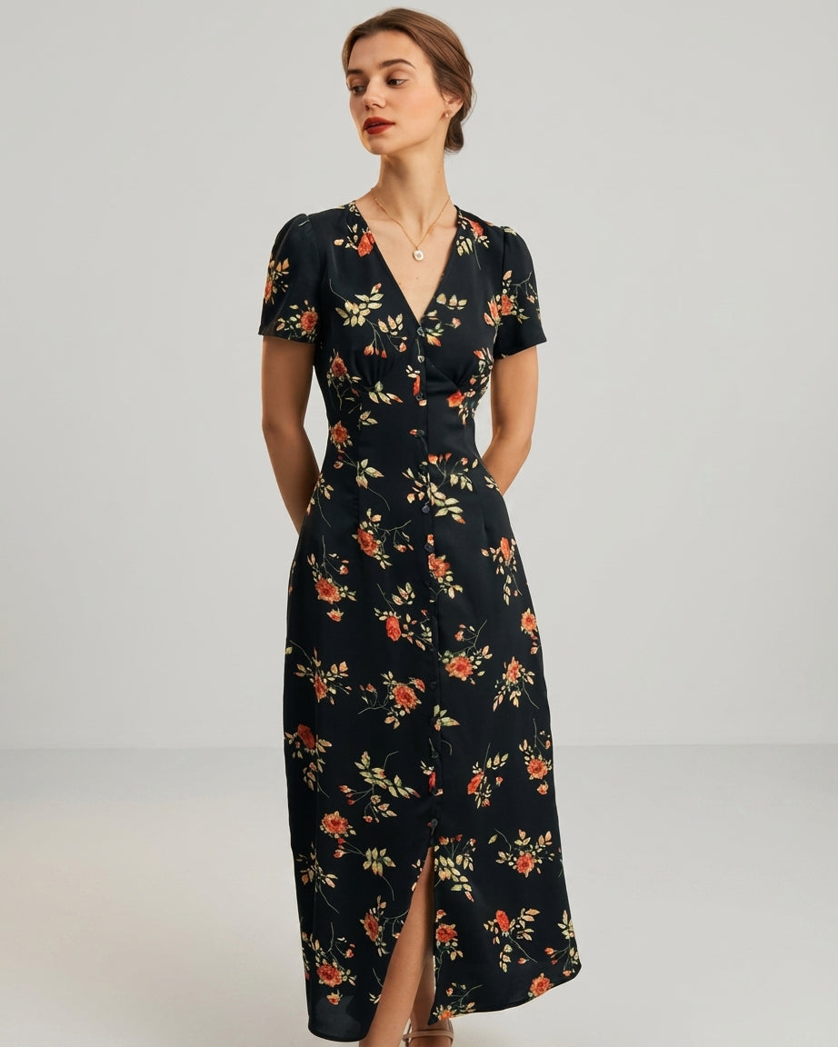 Vivienne Cord | Black Floral V Neck Maxi Dress