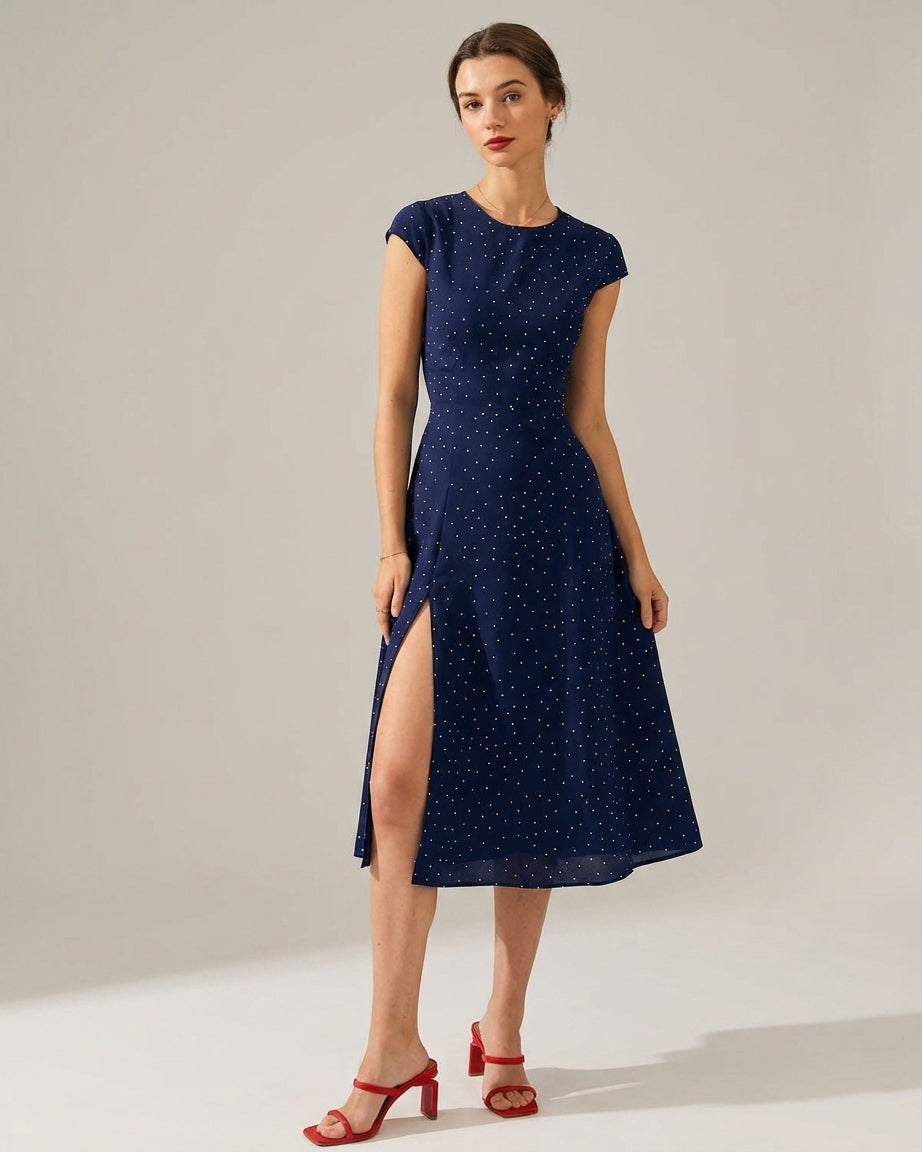 Mira Sante | Navy Polka Dot Cutout Midi Dress