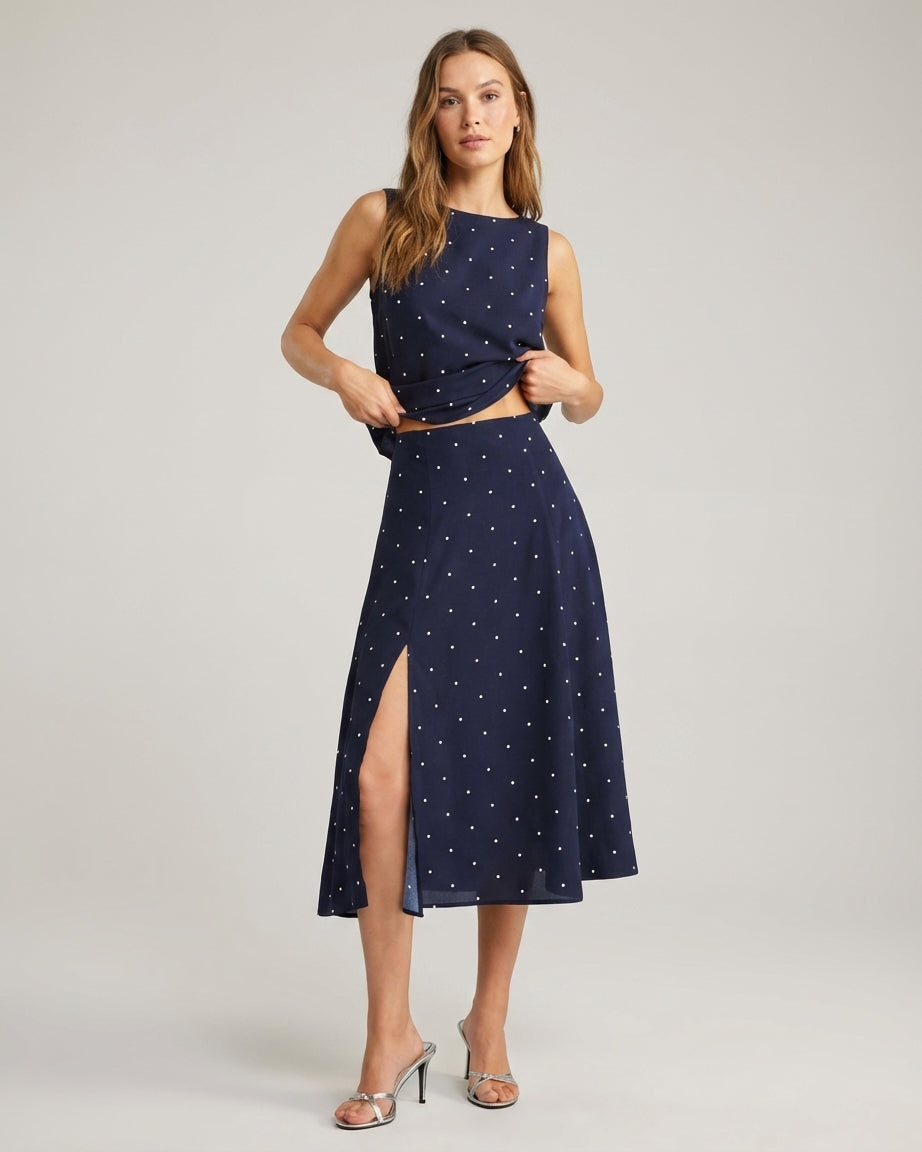 Mira Sante | Navy Polka Dot Midi Skirt