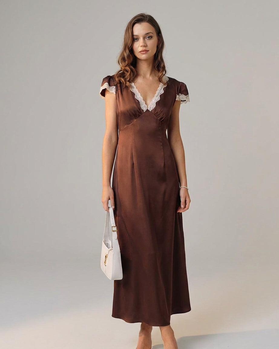 Mira Sante | Brown Satin V Neck Maxi Dress