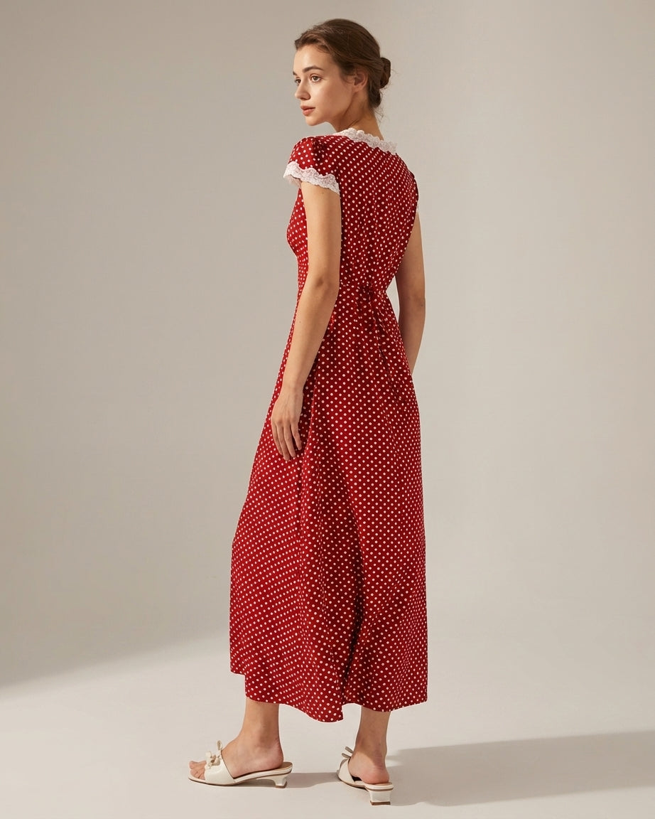 Mira Sante | Red V Neck Polka Dot Maxi Dress