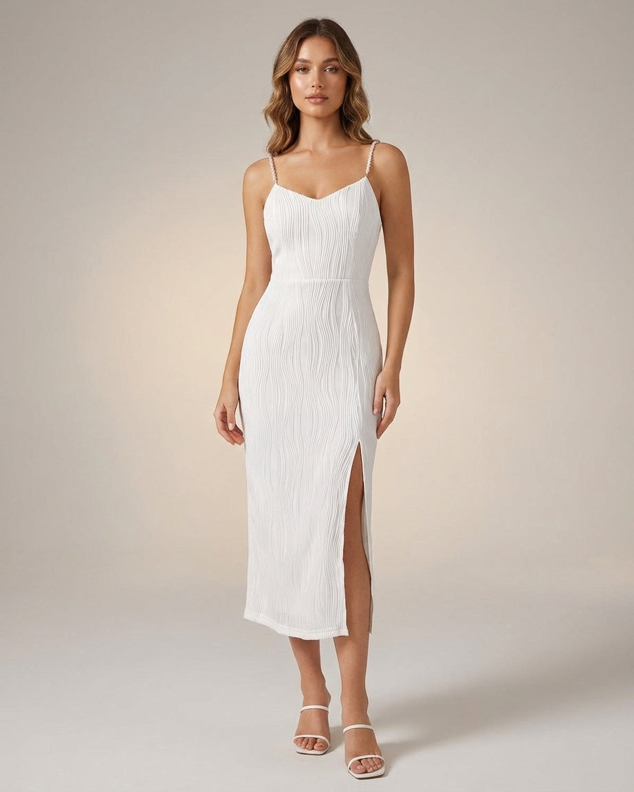 Mira Sante | Wave Textured Pearl Strap Midi Dress