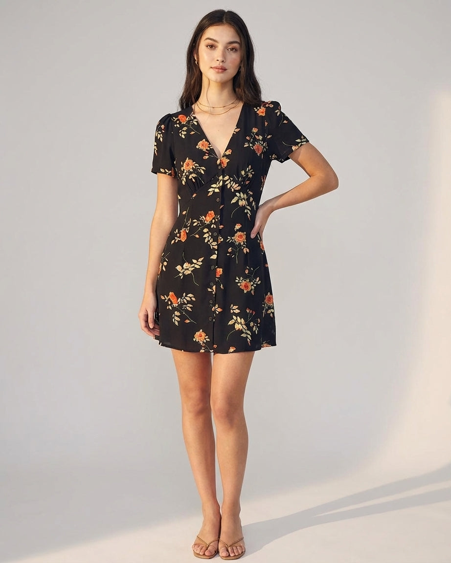 Vivienne Cord | Black Floral V Neck Maxi Dress