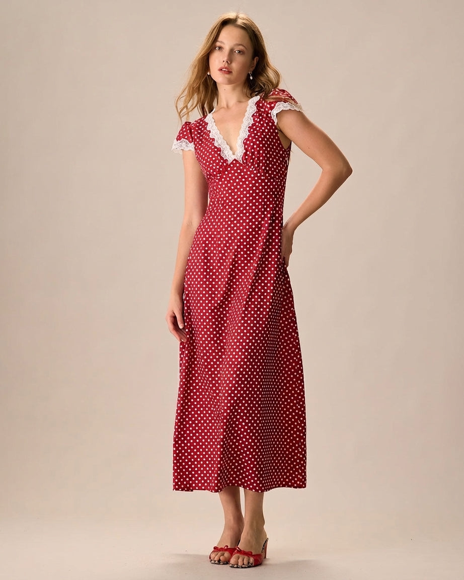 Mira Sante | Red V Neck Polka Dot Maxi Dress