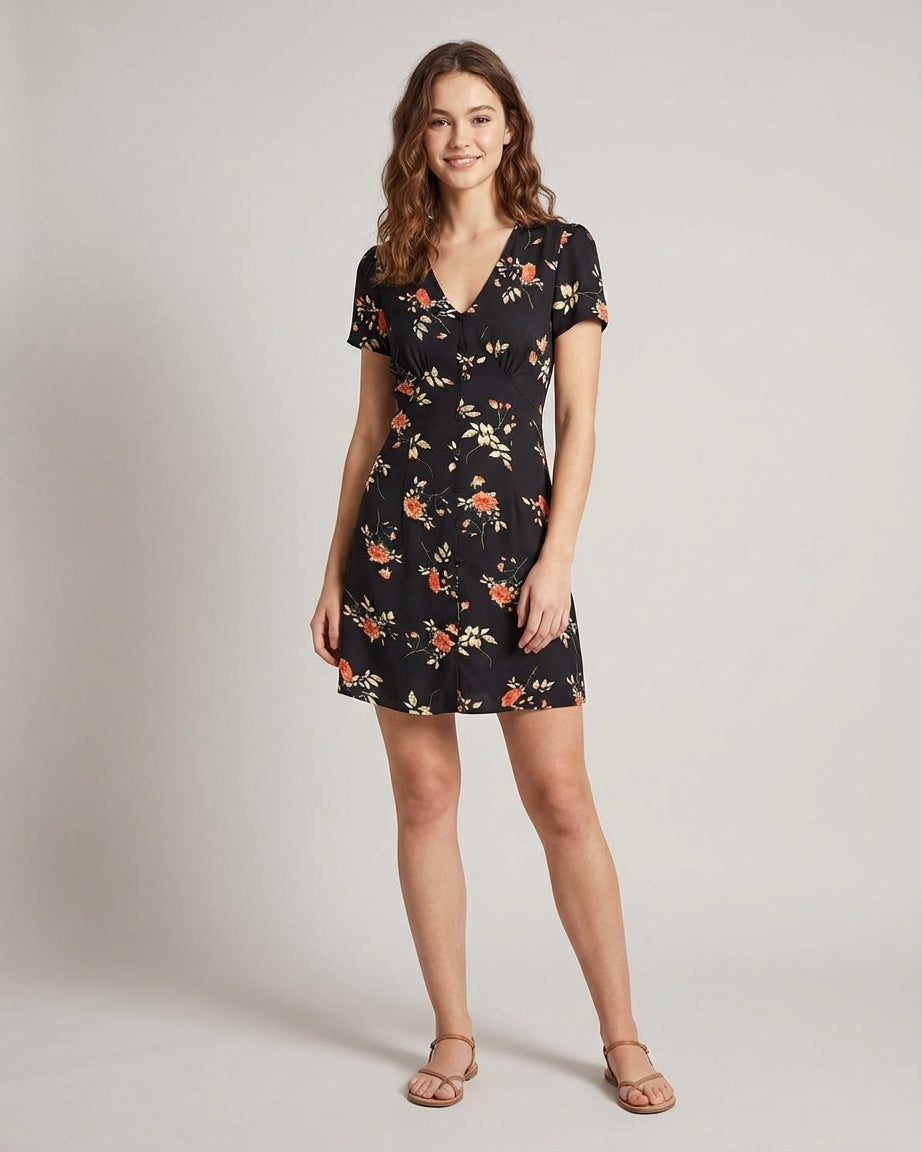 Mira Sante | Black Floral Button Up Mini Dress