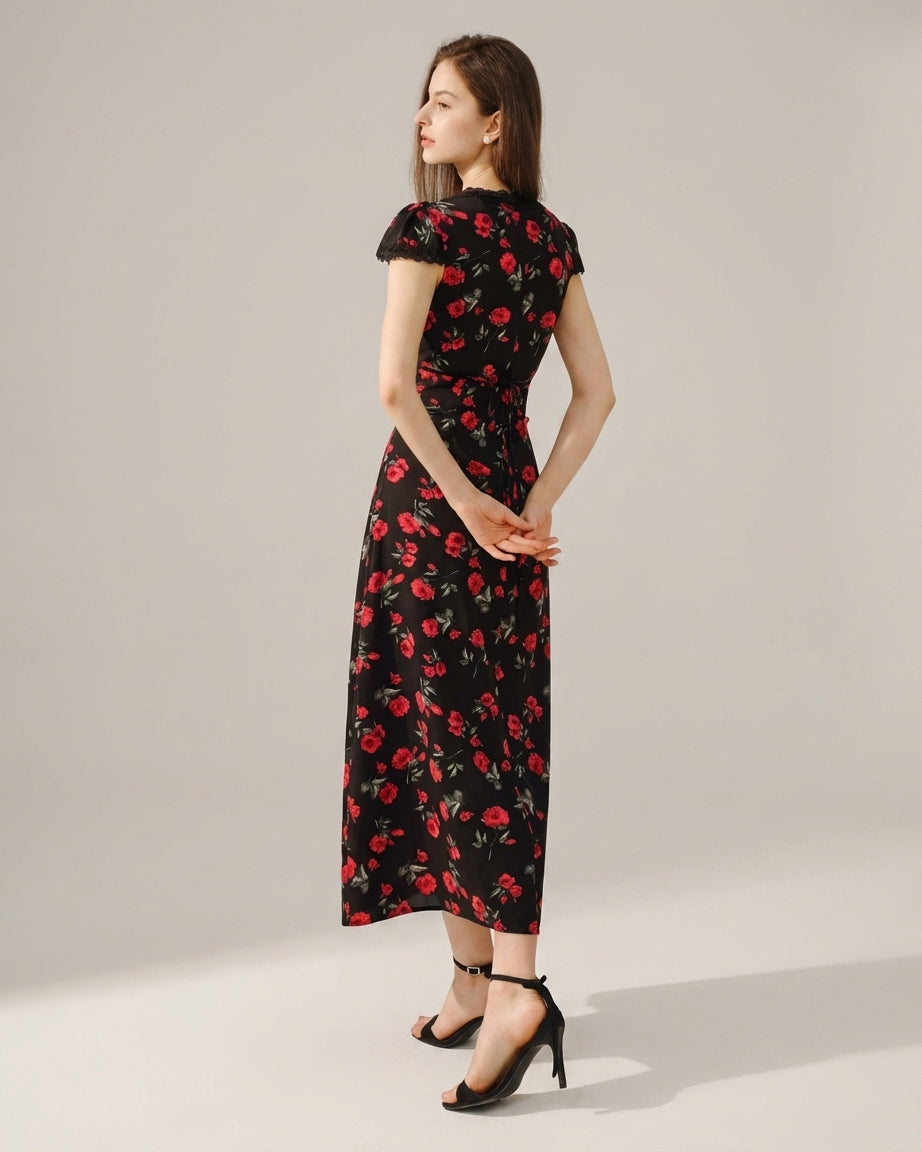 Mira Sante | Black Floral V Neck Maxi Dress