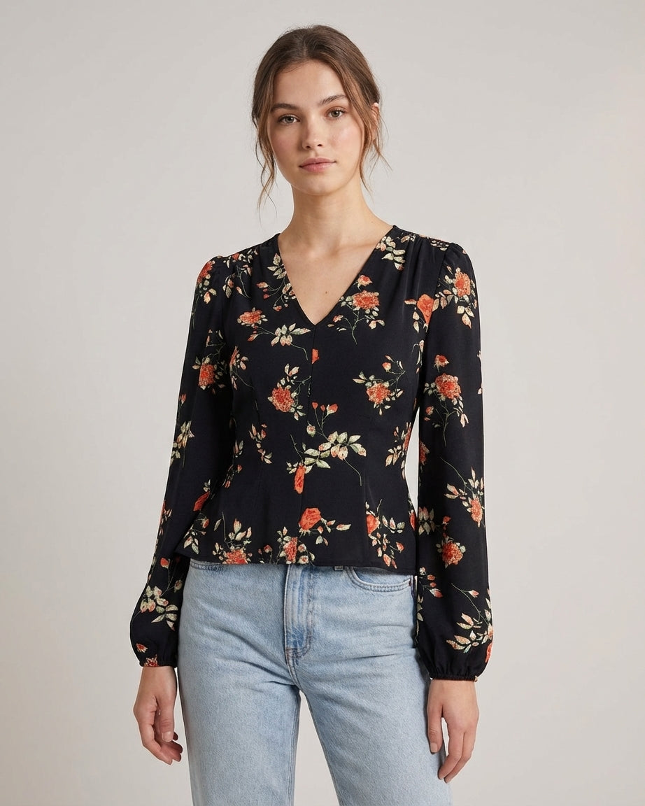 Vivienne Cord | Black Floral V Neck Blouse
