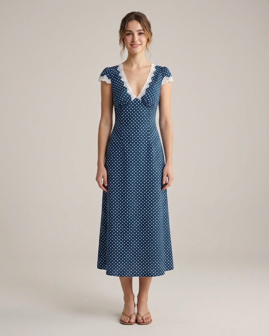 Mira Sante | Navy V Neck Polka Dot Maxi Dress