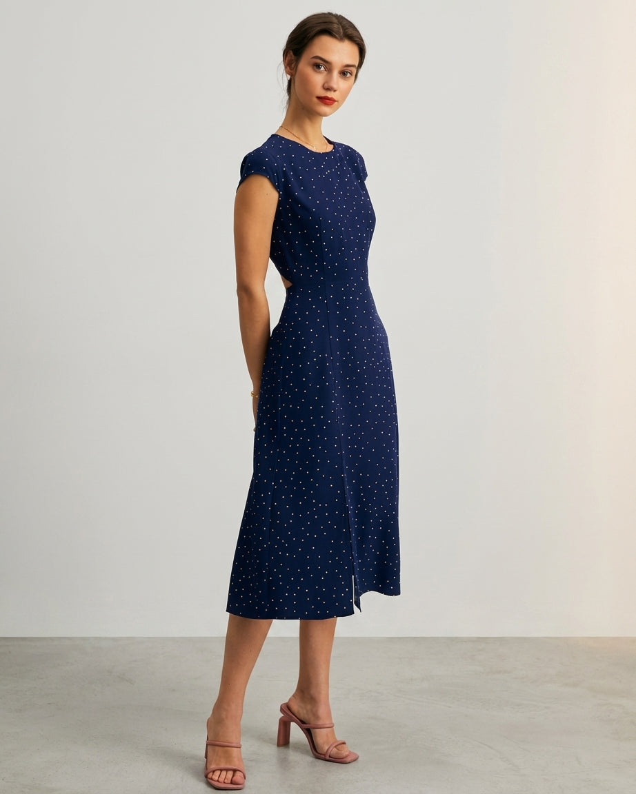 Mira Sante | Navy Polka Dot Cutout Midi Dress