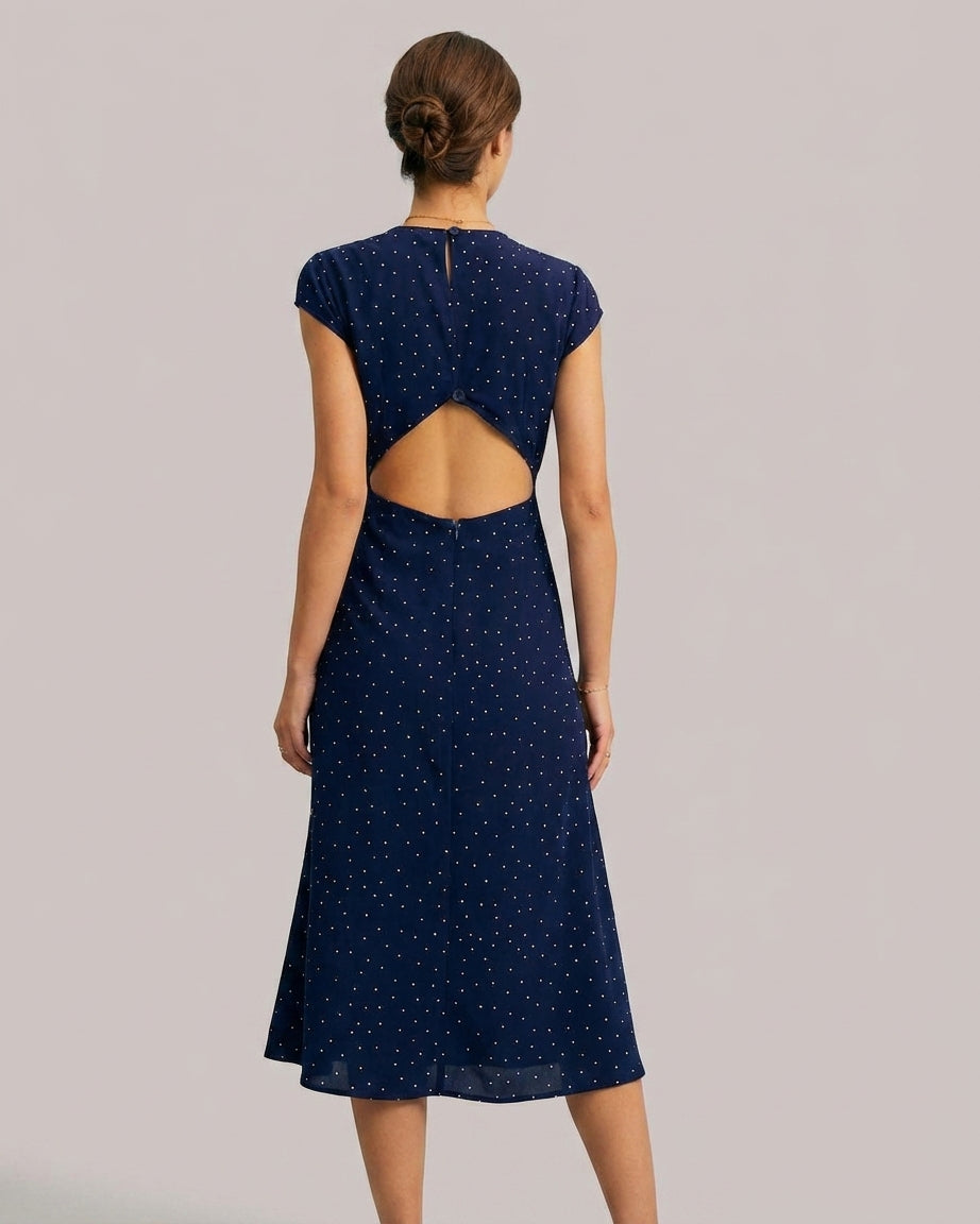 Mira Sante | Navy Polka Dot Cutout Midi Dress