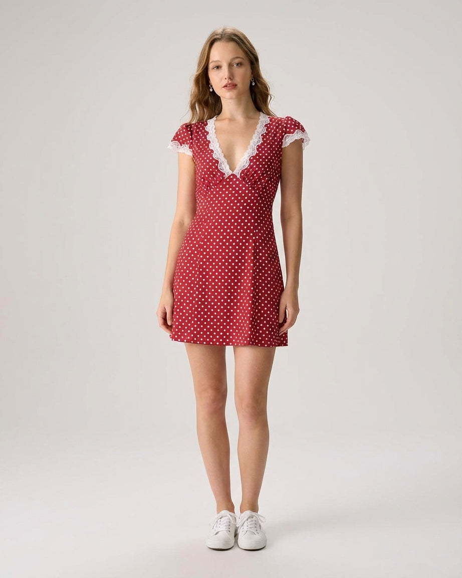 Mira Sante | Red V Neck Polka Dot Maxi Dress