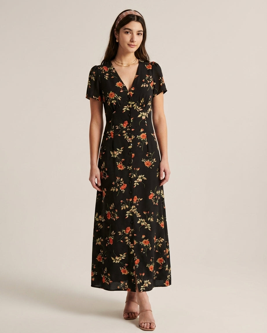 Vivienne Cord | Black Floral V Neck Maxi Dress