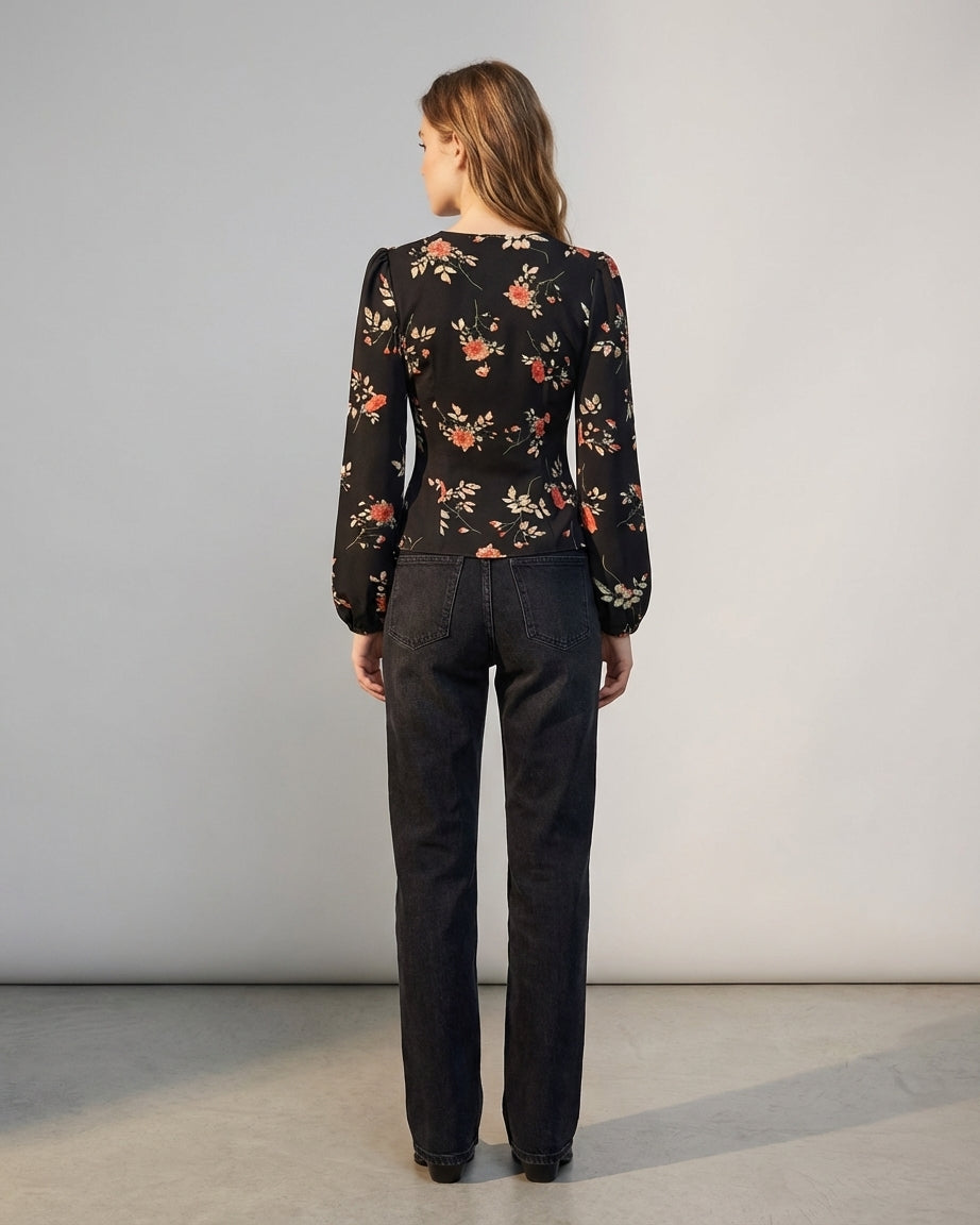Vivienne Cord | Black Floral V Neck Blouse