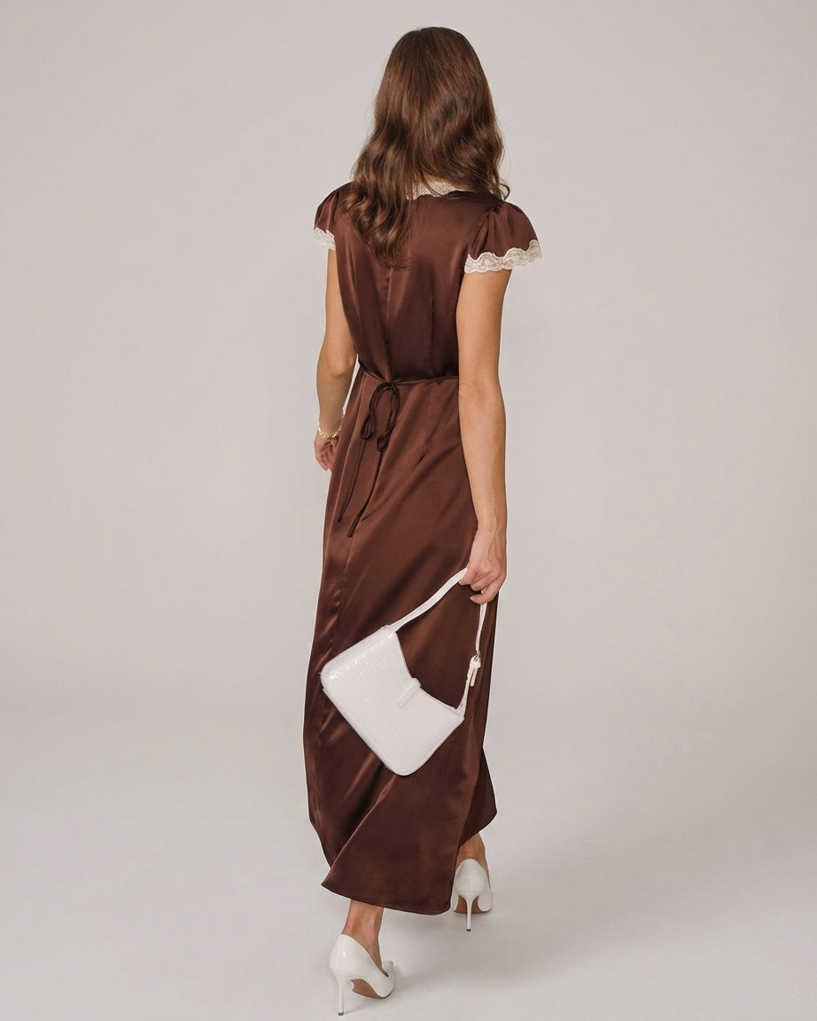 Mira Sante | Brown Satin V Neck Maxi Dress
