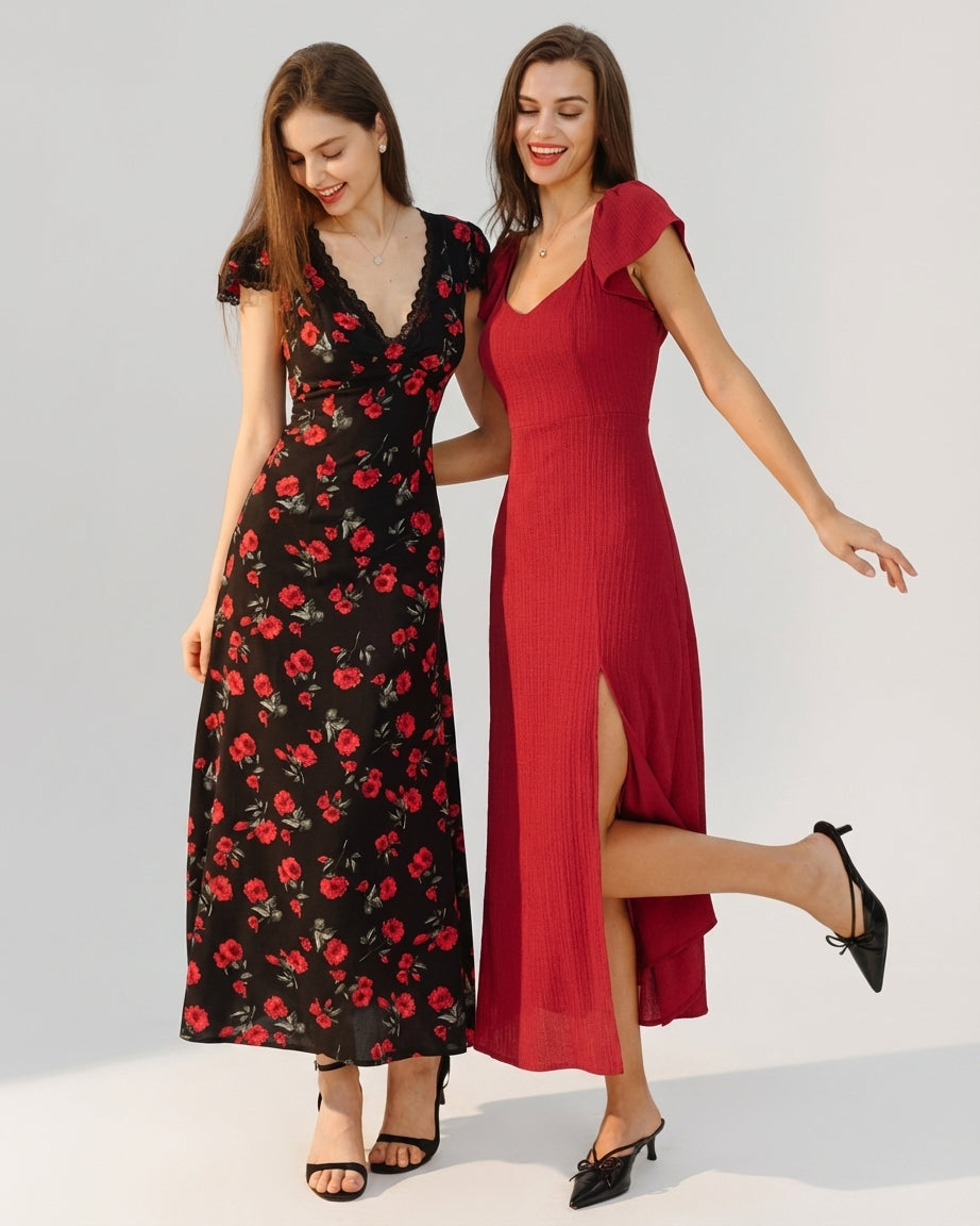 Mira Sante | Black Floral V Neck Maxi Dress