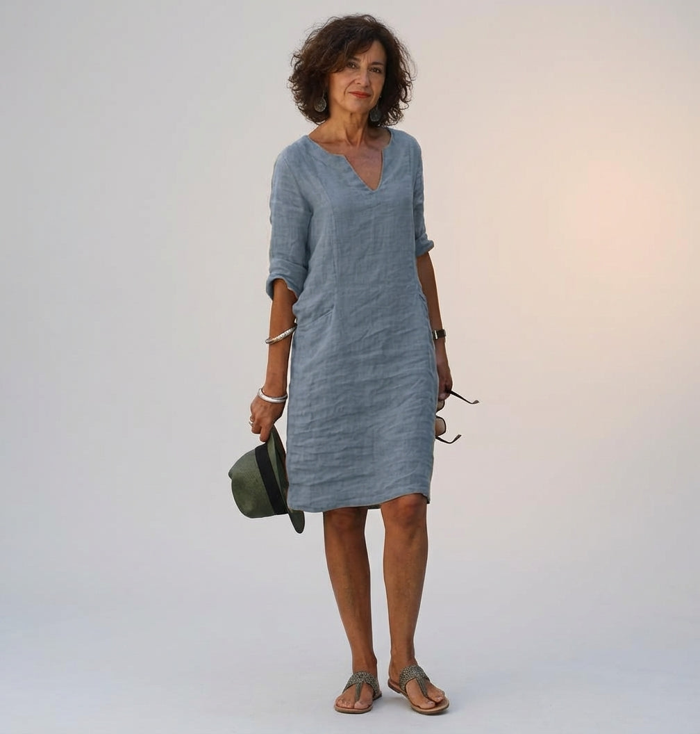 Léonie Dray | Women's Linen V-Neck Relaxed Dress
