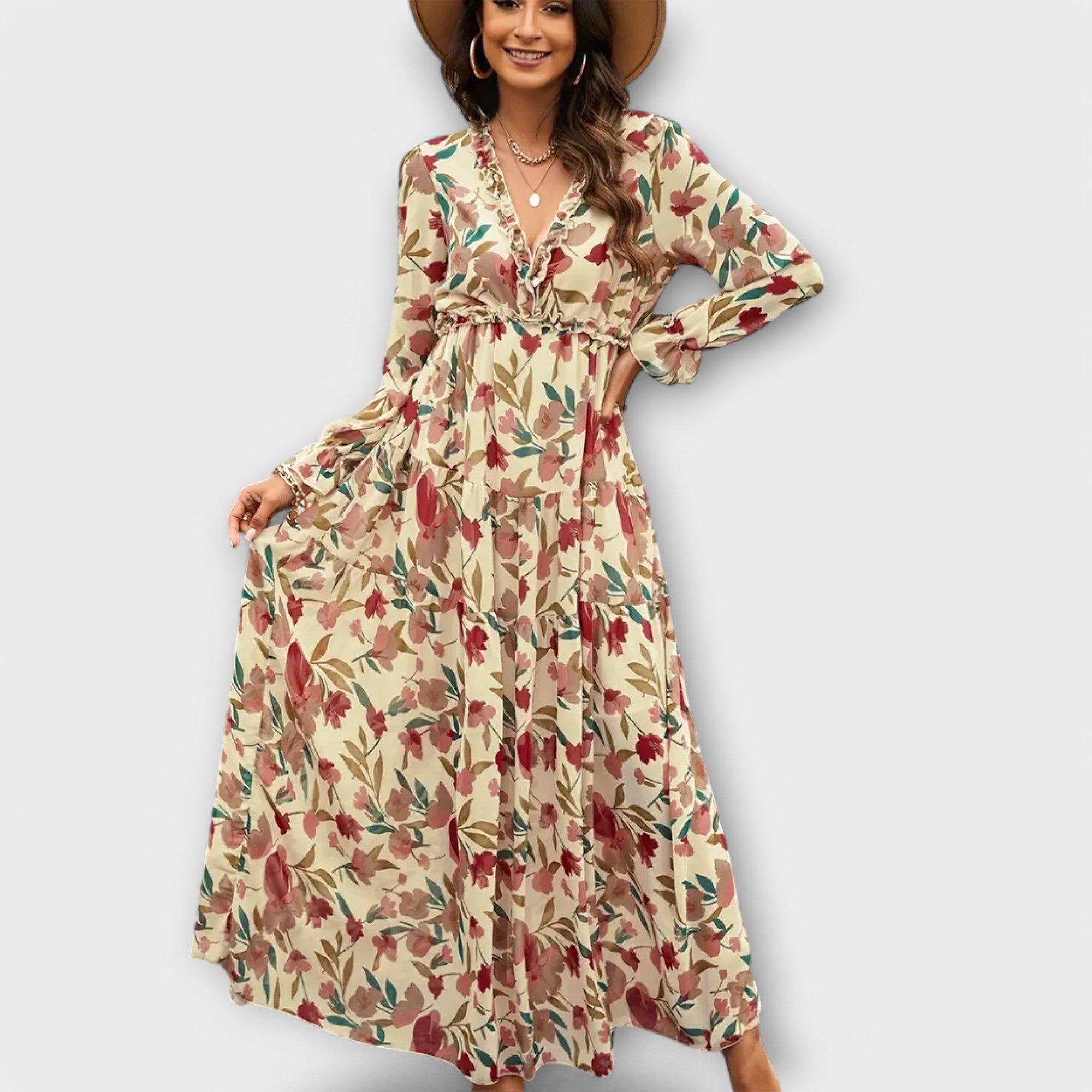 Mira Sante | Pleated Long-Sleeve Floral Maxi Dress