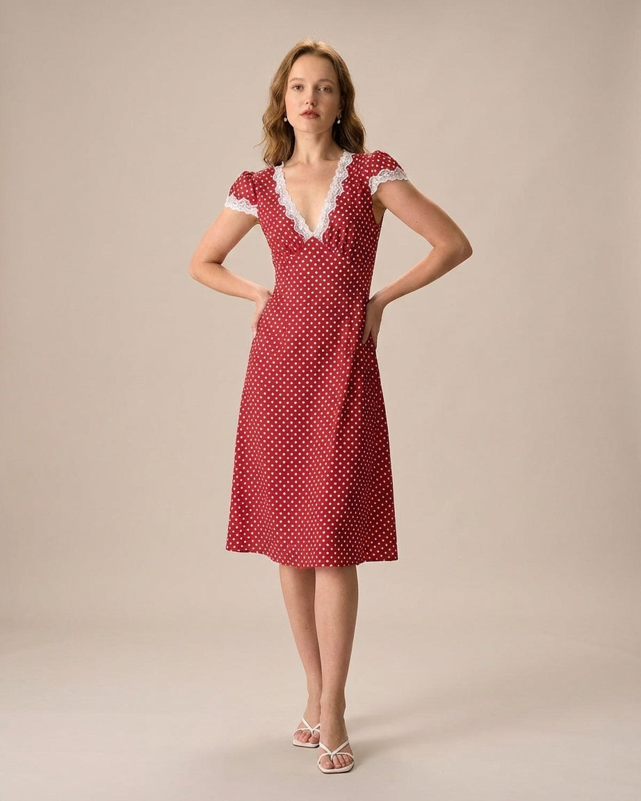 Mira Sante | Red V Neck Polka Dot Maxi Dress