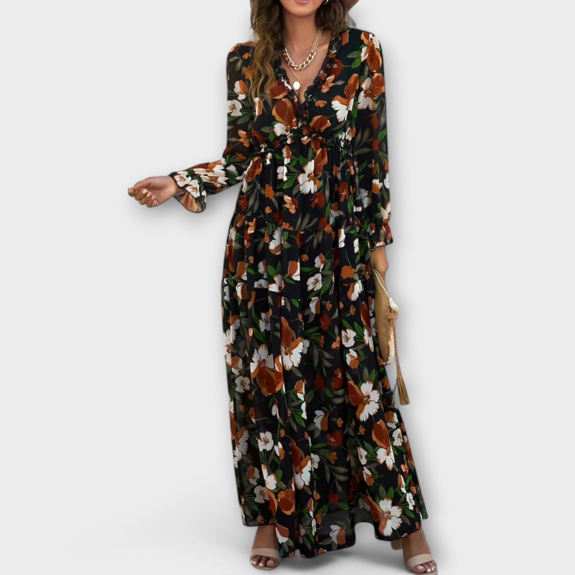 Mira Sante | Pleated Long-Sleeve Floral Maxi Dress