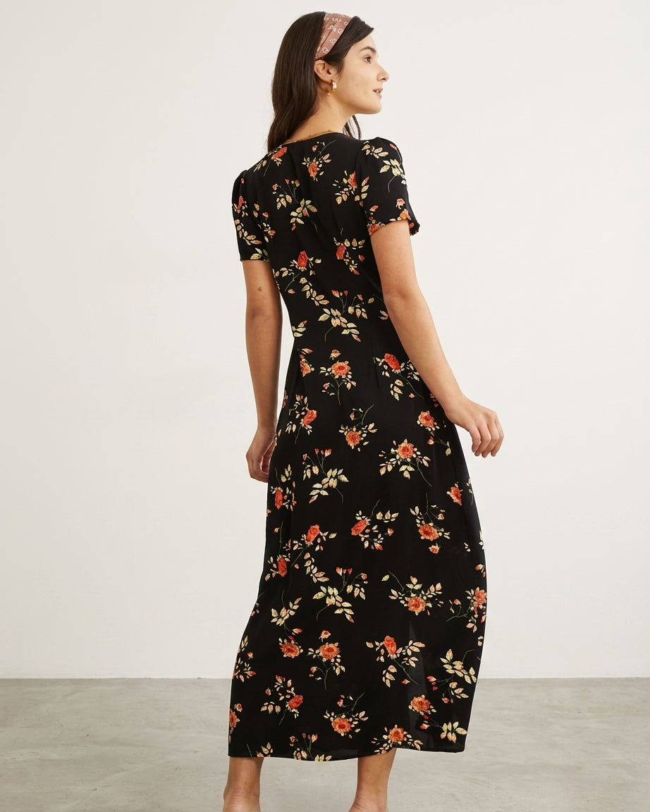 Vivienne Cord | Black Floral V Neck Maxi Dress