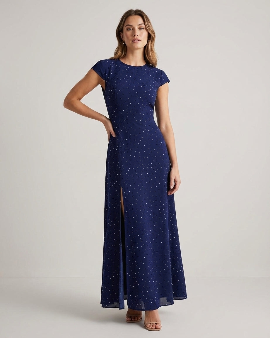 Mira Sante | Navy Polka Dot Cutout Midi Dress