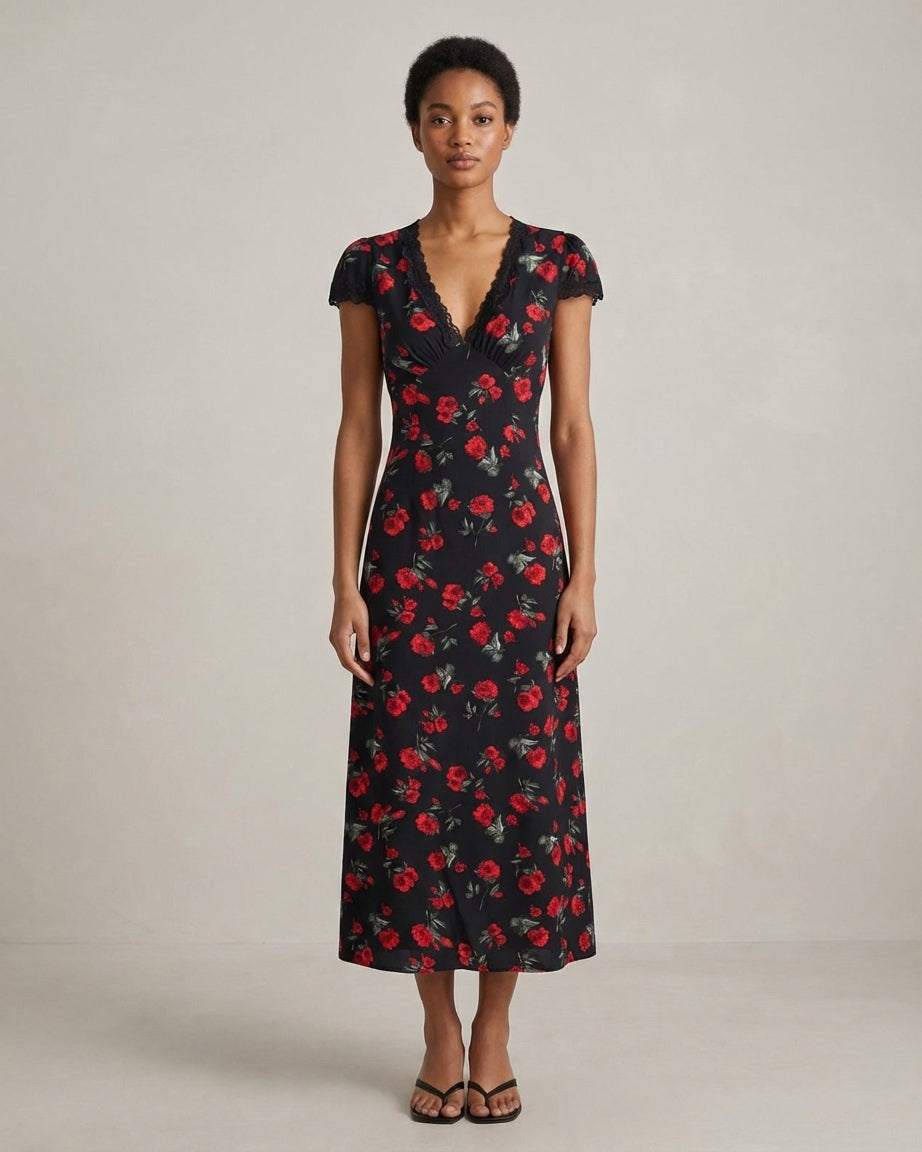 Mira Sante | Black Floral V Neck Maxi Dress