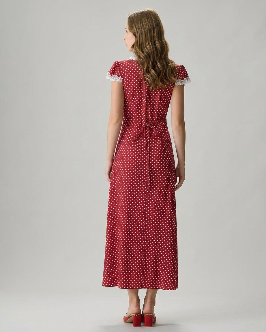 Mira Sante | Red V Neck Polka Dot Maxi Dress