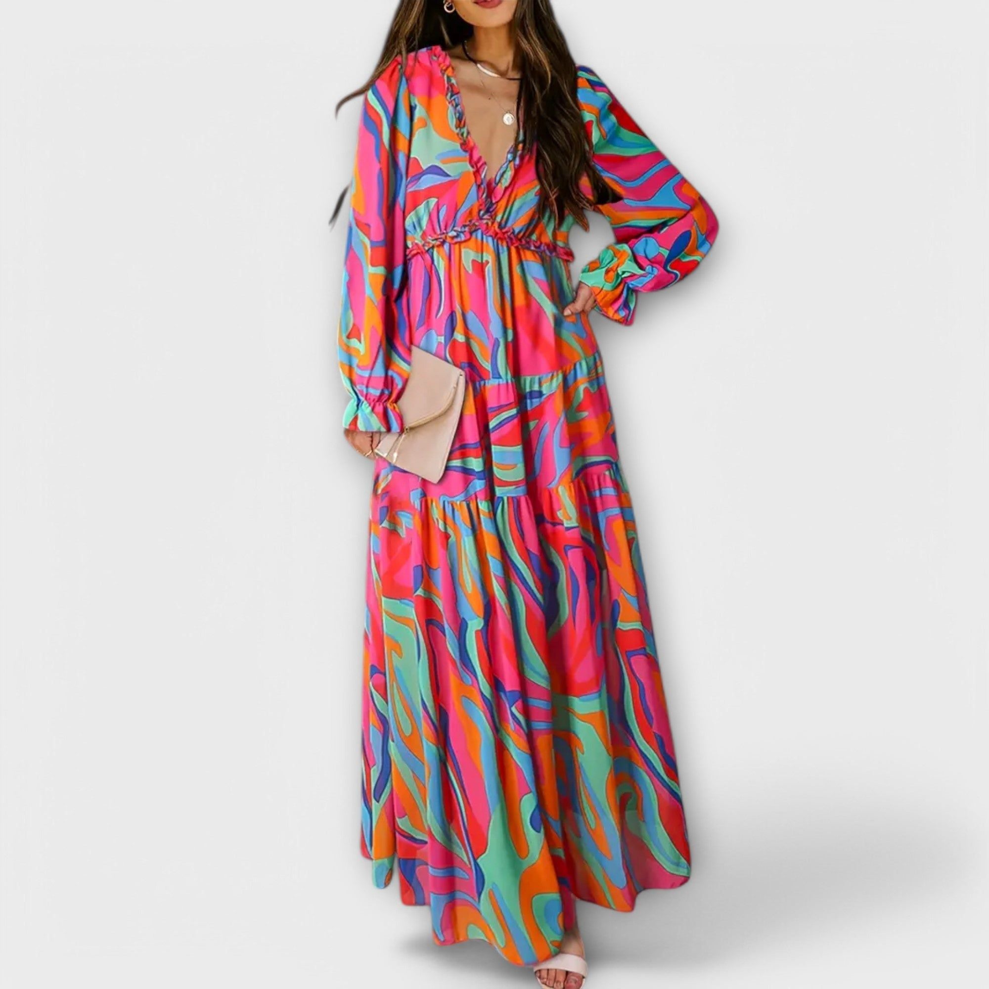 Mira Sante | Pleated Long-Sleeve Floral Maxi Dress