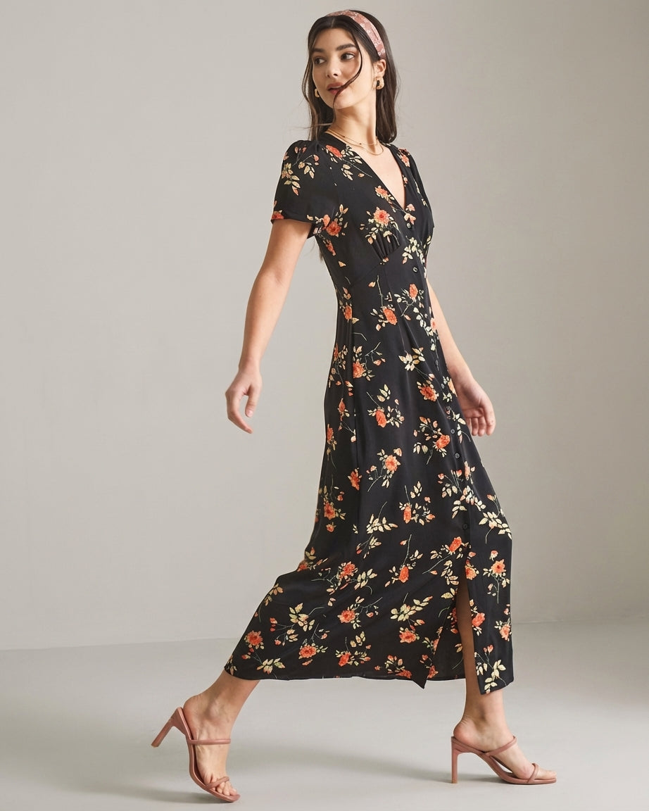 Vivienne Cord | Black Floral V Neck Maxi Dress