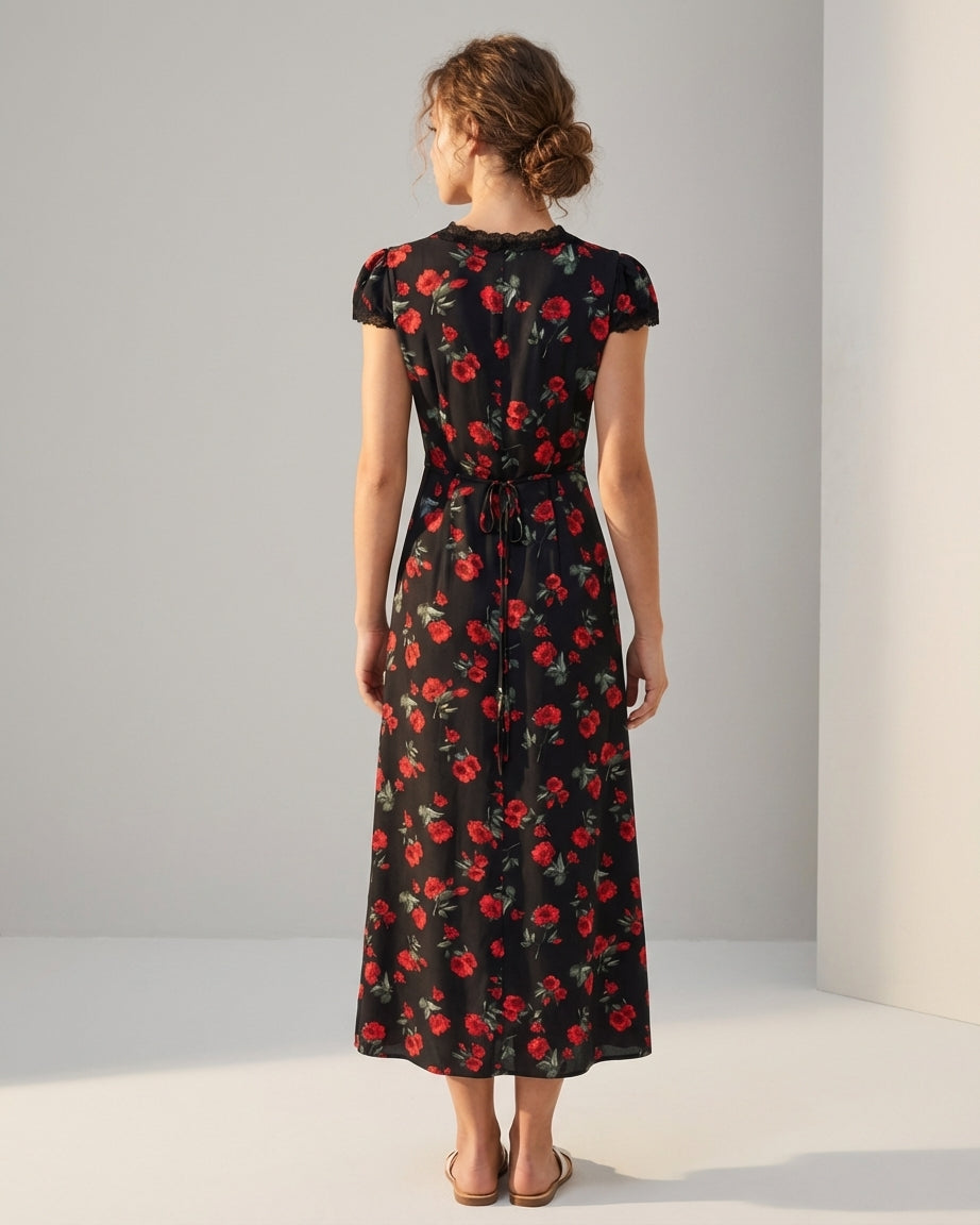 Mira Sante | Black Floral V Neck Maxi Dress