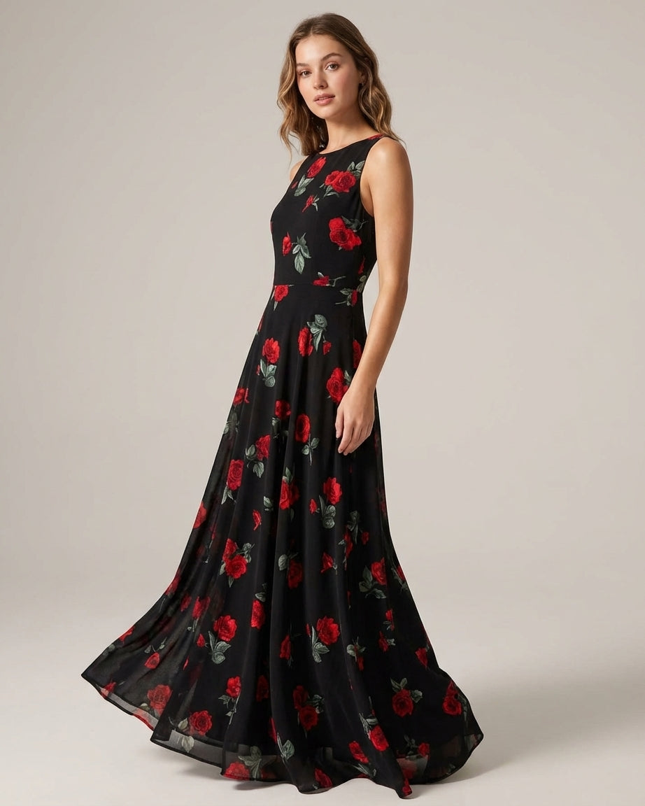Mira Sante | Black Floral V Neck Maxi Dress