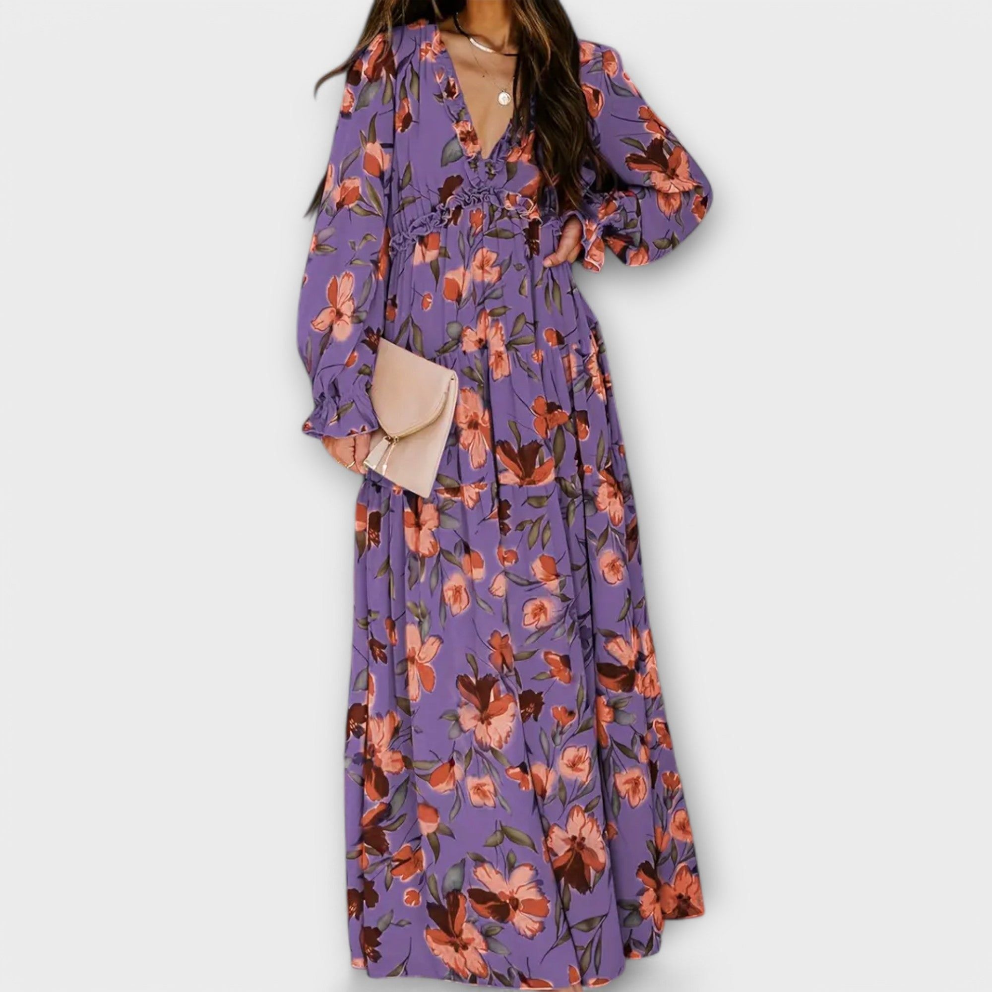 Mira Sante | Pleated Long-Sleeve Floral Maxi Dress