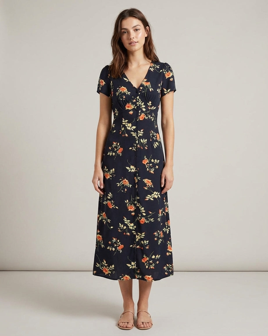 Vivienne Cord | Black Floral V Neck Maxi Dress