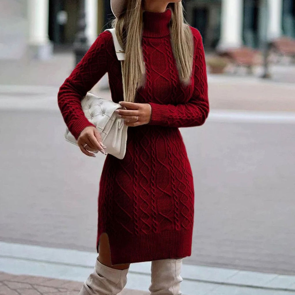 Ines Cuvel | Women's Cable-Knit Long Sleeve Turtleneck Dress Side Slit