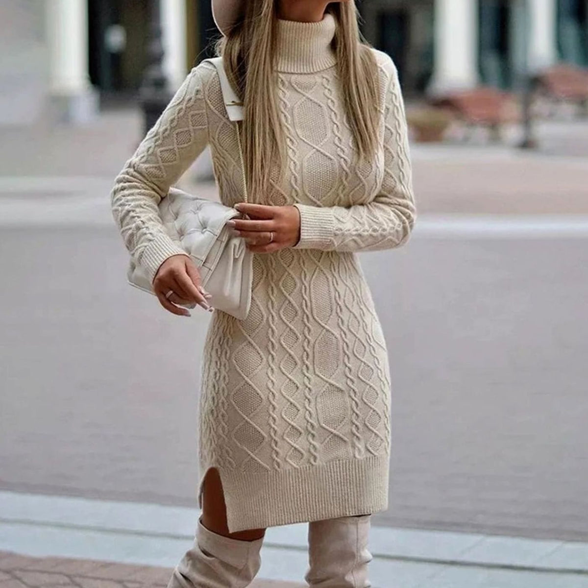 Ines Cuvel | Women's Cable-Knit Long Sleeve Turtleneck Dress Side Slit