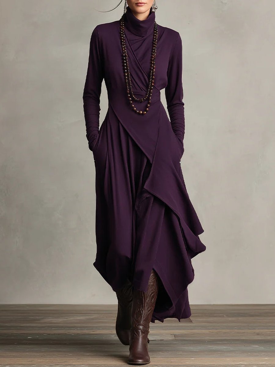 Josephine Danet | Women's Turtleneck Asymmetric Hem Draped Long Sleeve Dress