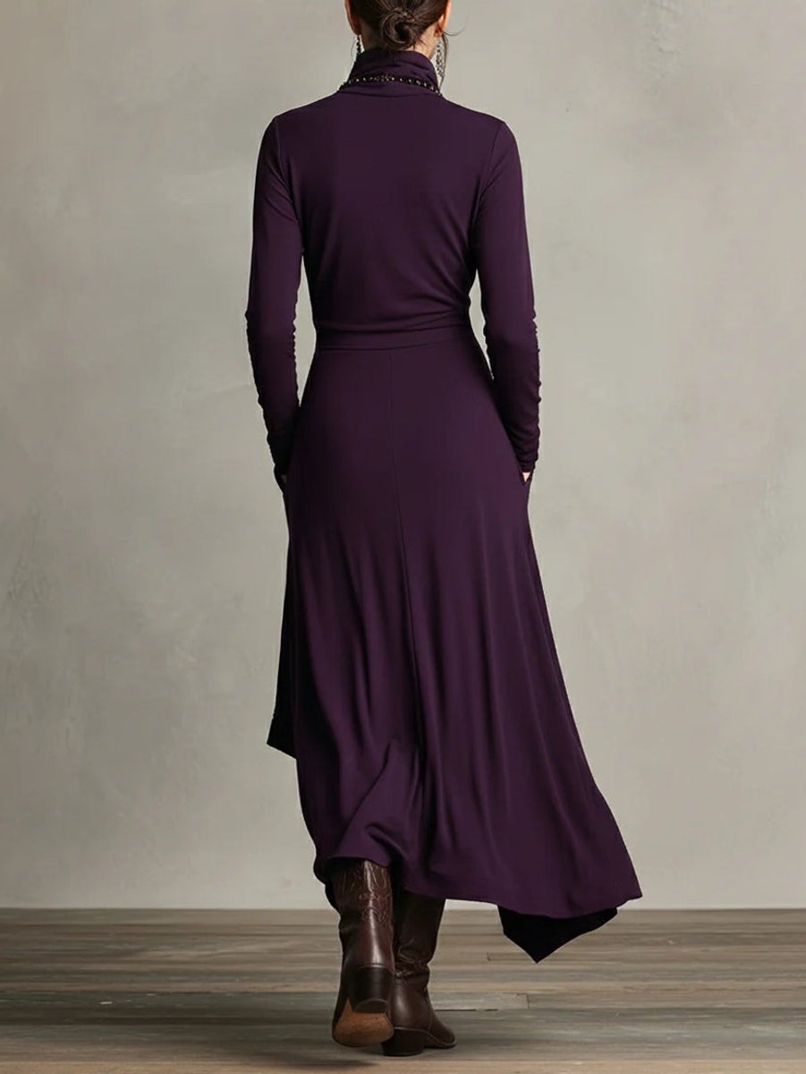 Josephine Danet | Women's Turtleneck Asymmetric Hem Draped Long Sleeve Dress