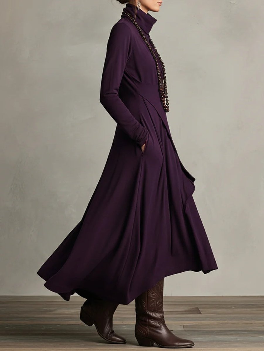 Josephine Danet | Women's Turtleneck Asymmetric Hem Draped Long Sleeve Dress