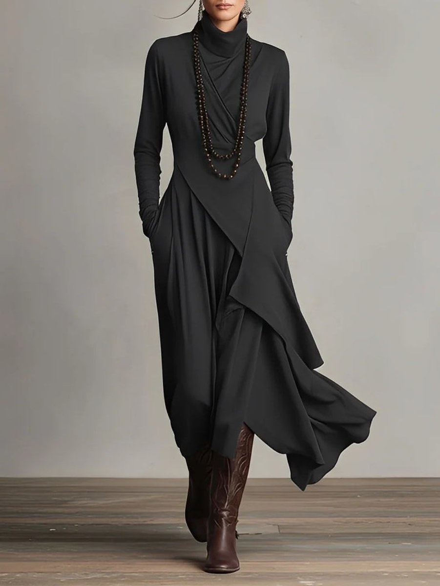 Josephine Danet | Women's Turtleneck Asymmetric Hem Draped Long Sleeve Dress
