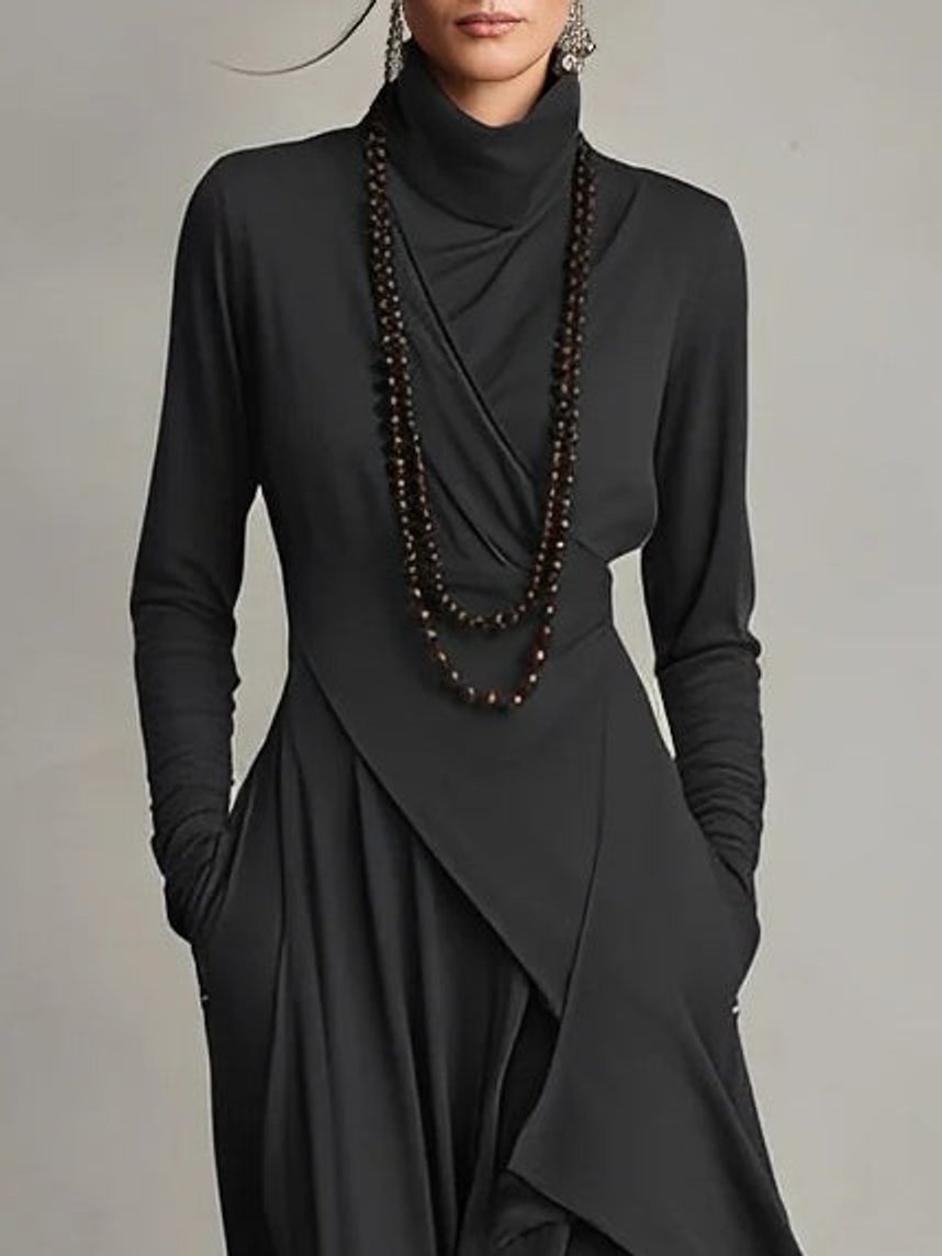 Josephine Danet | Women's Turtleneck Asymmetric Hem Draped Long Sleeve Dress