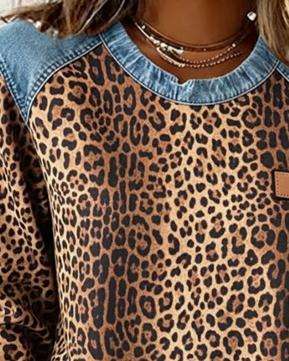 Manon Cor | Women's Leopard Print Denim Patchwork Pullover Sweater
