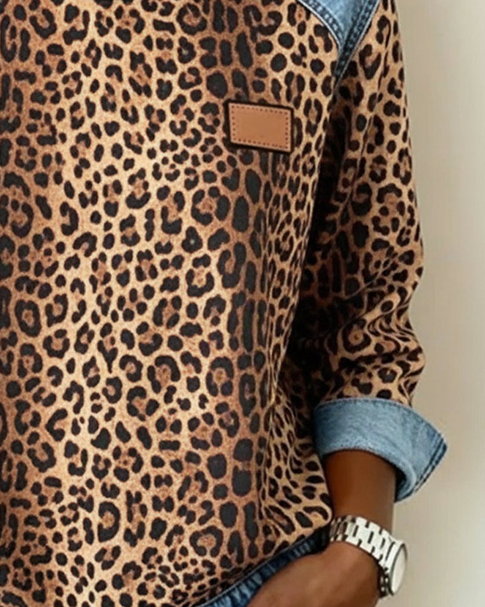 Manon Cor | Women's Leopard Print Denim Patchwork Pullover Sweater