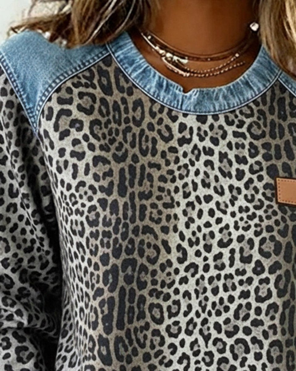 Manon Cor | Women's Leopard Print Denim Patchwork Pullover Sweater